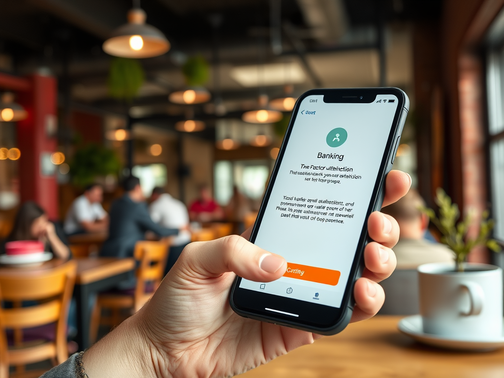 На изображении рука держит телефон с приложением банковских услуг в кафе. Люди обедают за столами.